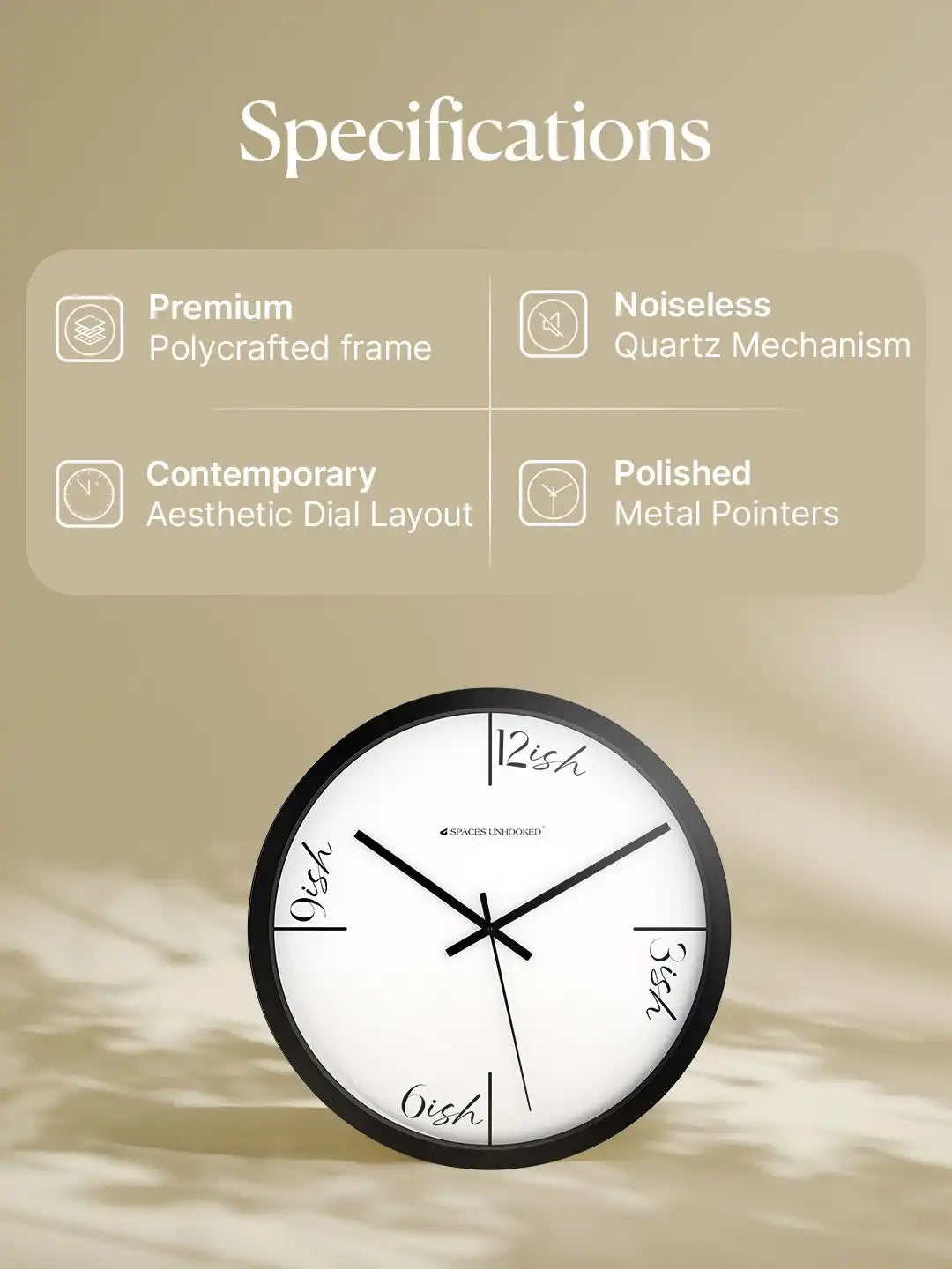 Specifications of Spaces Unhooked black wall clock featuring silent quartz movement and premium polycrafted frame