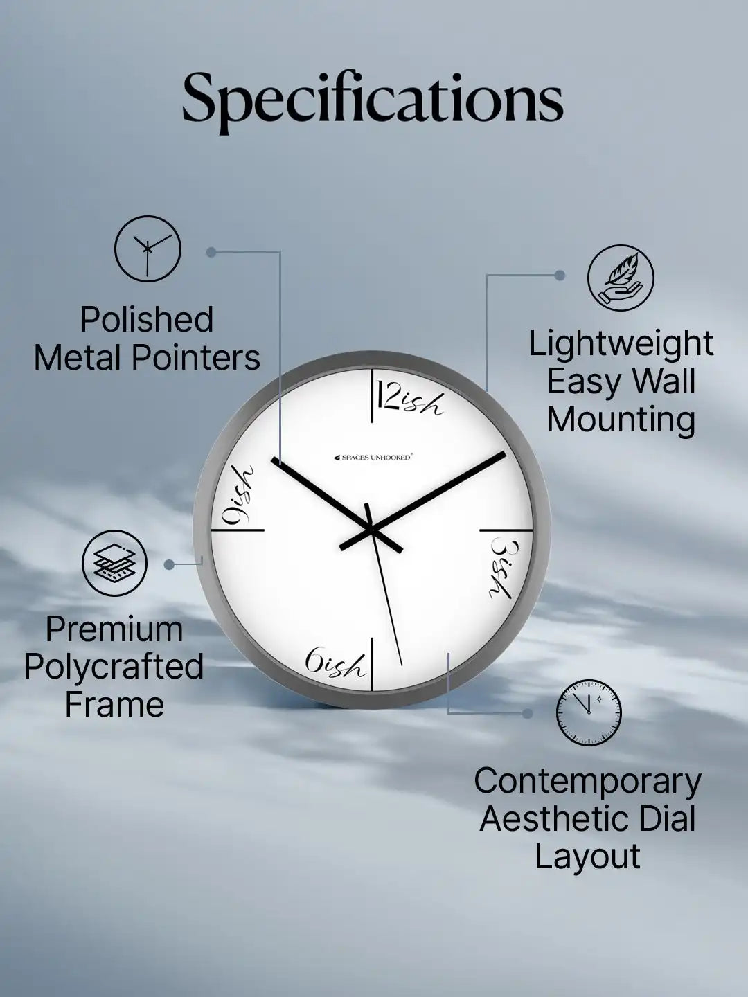 Infographic listing clock features — polished metal pointers, lightweight easy wall mounting, premium polycrafted frame, contemporary aesthetic dial layout — with clock image at center