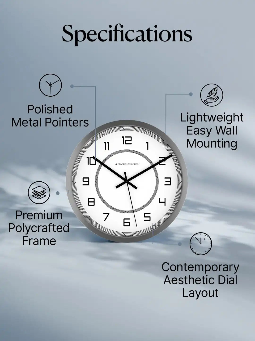 Specification of Silent Wall Clock – Noiseless Quartz Polycrafted Grey Frame Circle Texture Dial Wall Clock