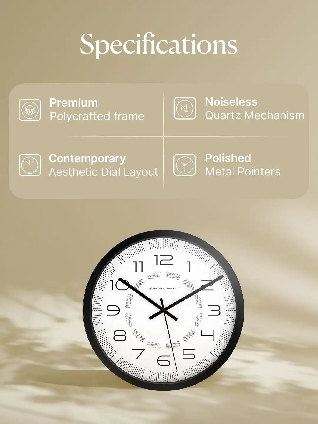 Specification of Silent Wall Clock – Noiseless Quartz Polycrafted Black Frame Dash Texture Dial Wall Clock
