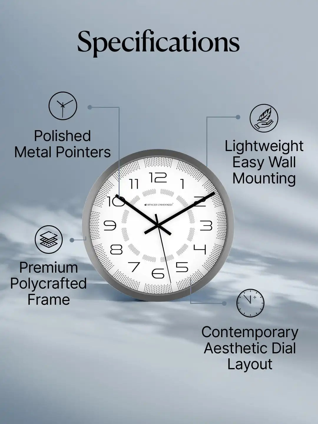 Specification of Silent Wall Clock – Noiseless Quartz Polycrafted Grey Frame Dash Texture Dial Wall Clock