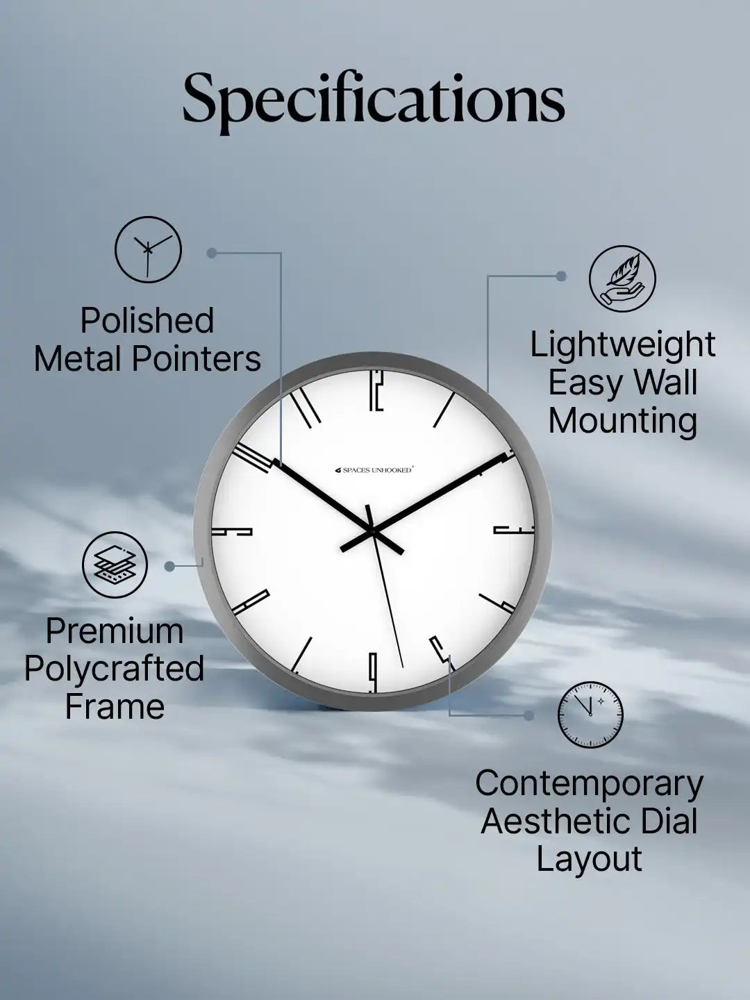 Specification of Silent Wall Clock – Noiseless Quartz Polycrafted Grey Wall Clock