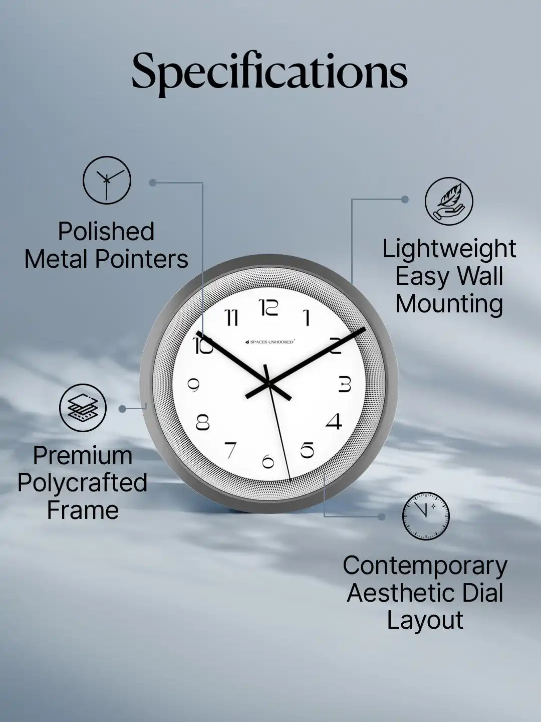 Specification of Silent Wall Clock – Noiseless Quartz Polycrafted Grey Wall Clock