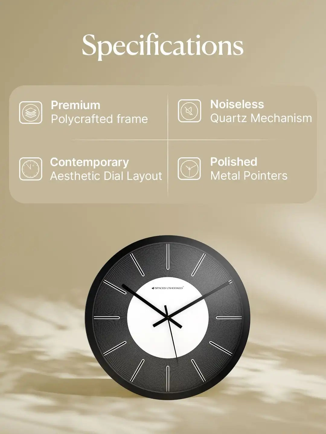 Specification – Wall clocks feature chart showing quartz mechanism and metal pointers