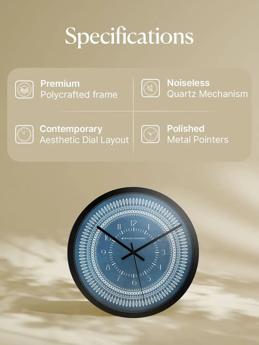 Specification – Wall clocks feature chart showing quartz mechanism and metal pointers