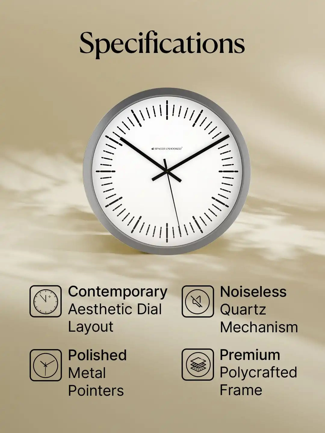 Specification – Wall clocks feature chart showing quartz mechanism and metal pointers