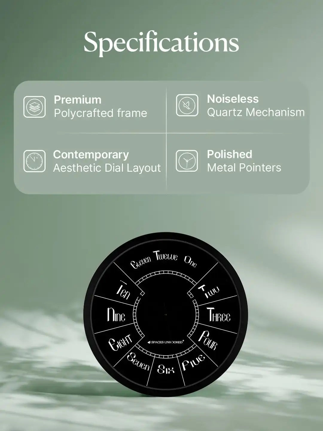 Specification – Wall clocks feature chart showing quartz mechanism and metal pointers