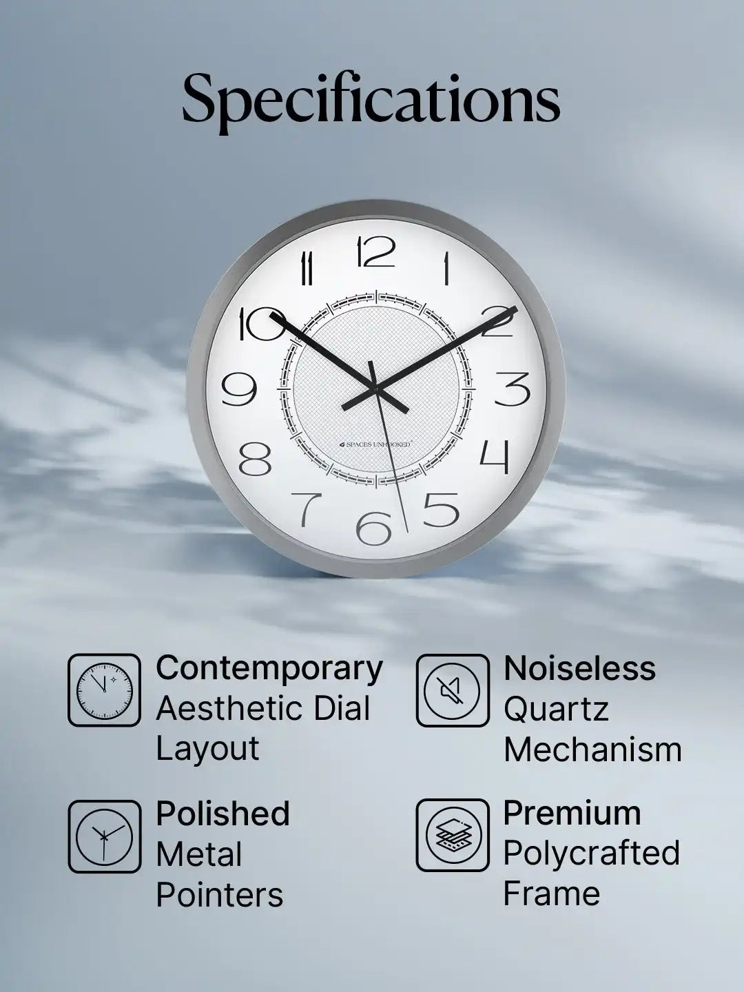 Specification – Wall clocks feature chart showing quartz mechanism and metal pointers