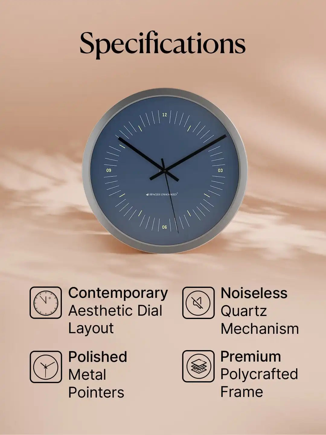 Specification – Wall clocks feature chart showing quartz mechanism and metal pointers