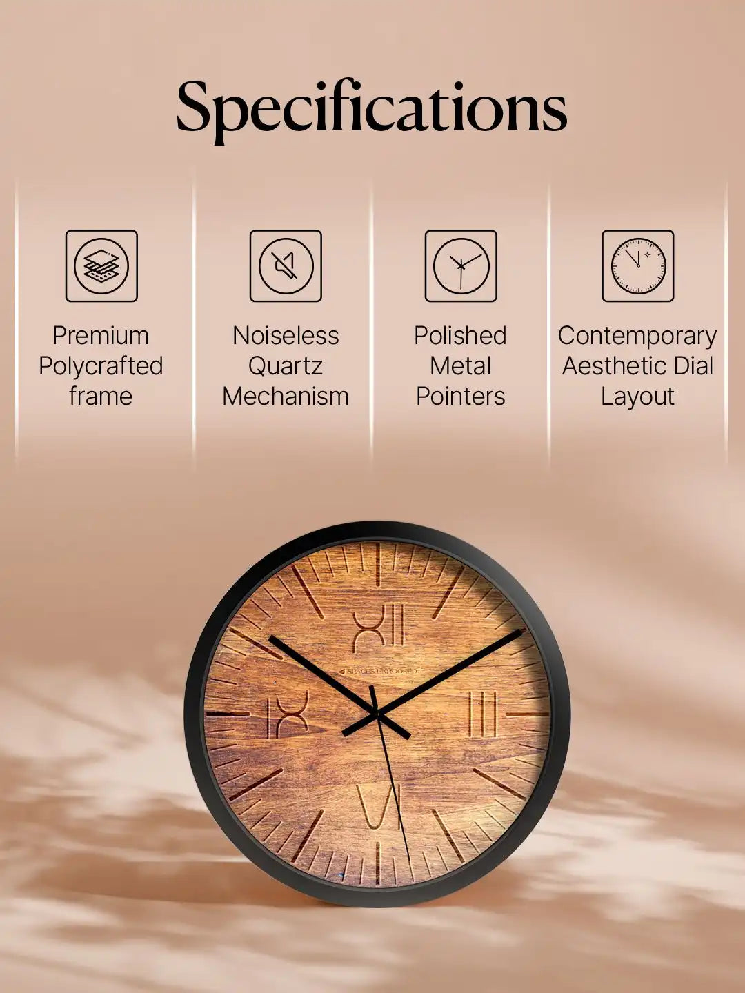 Specification – Wall clocks feature chart showing quartz mechanism and metal pointers
