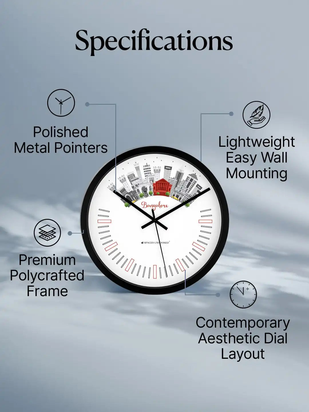 Front View Bangalore Skyline Wall Clock - Silent Wall Clock for Home Decor