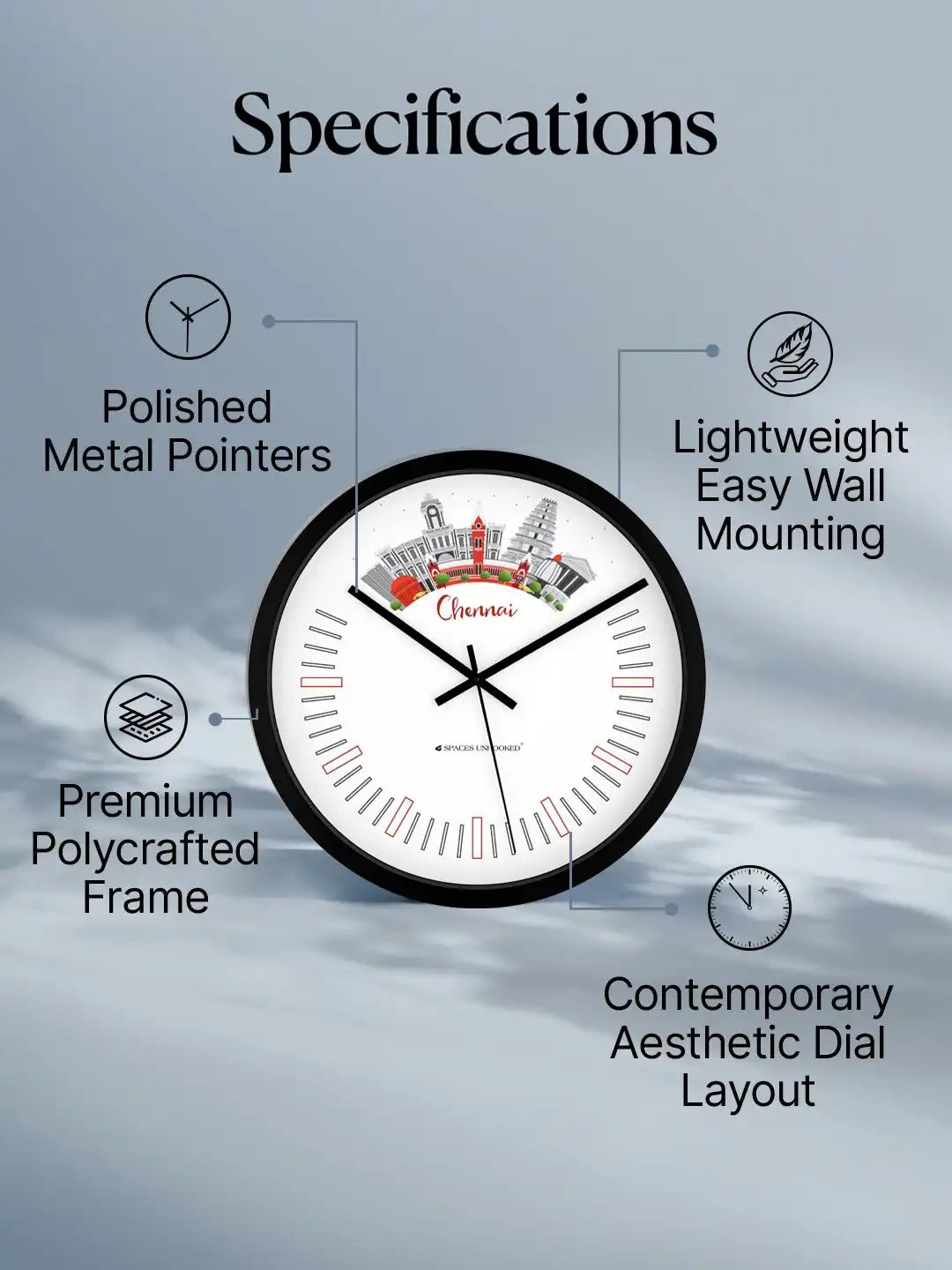Specification – Wall clocks feature chart showing quartz mechanism and metal pointers