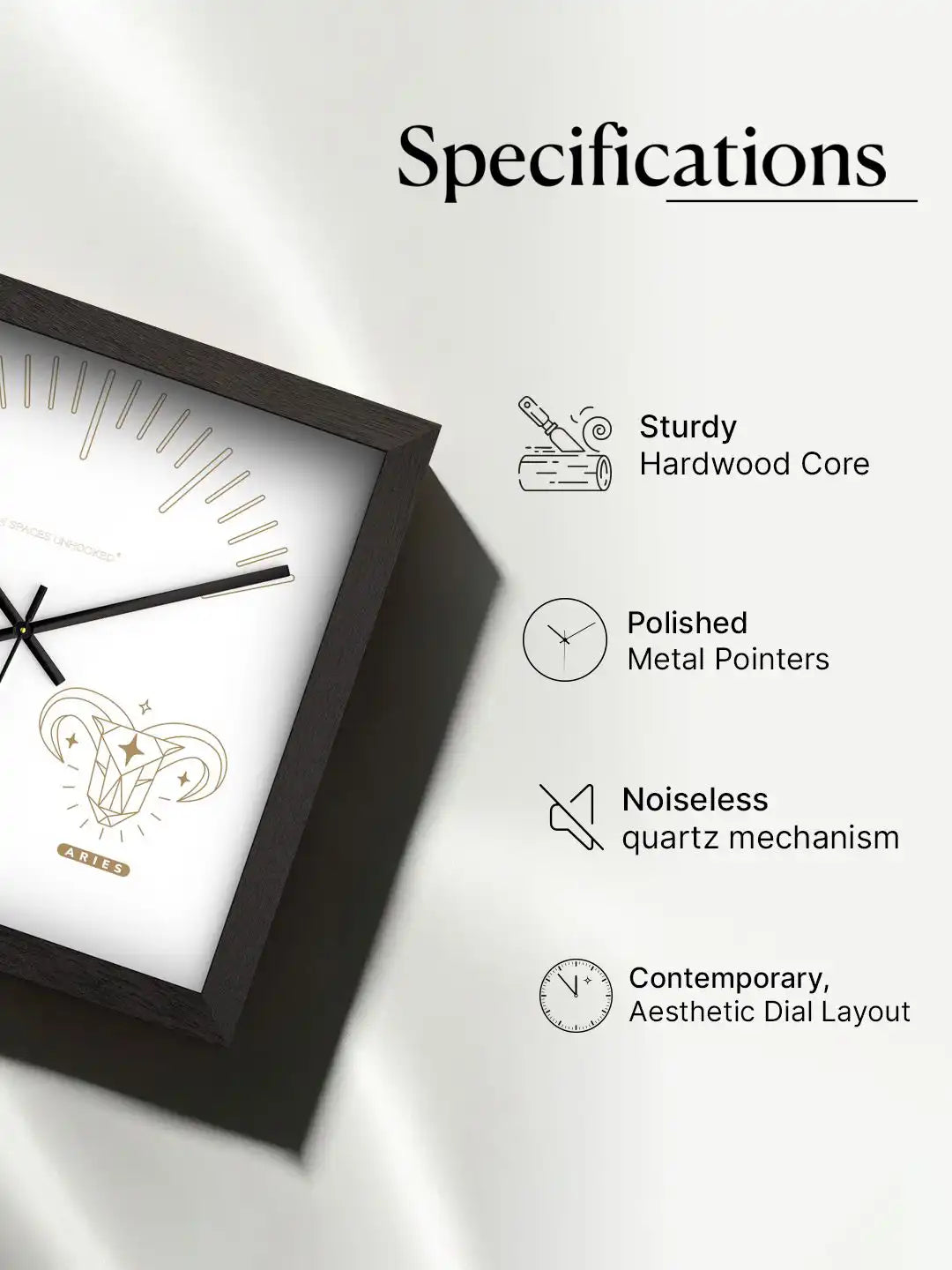 Spaces Unhooked Wooden Wall Clock Specifications - Hardwood Core, Noiseless Quartz Mechanism, Polished Metal Pointers
