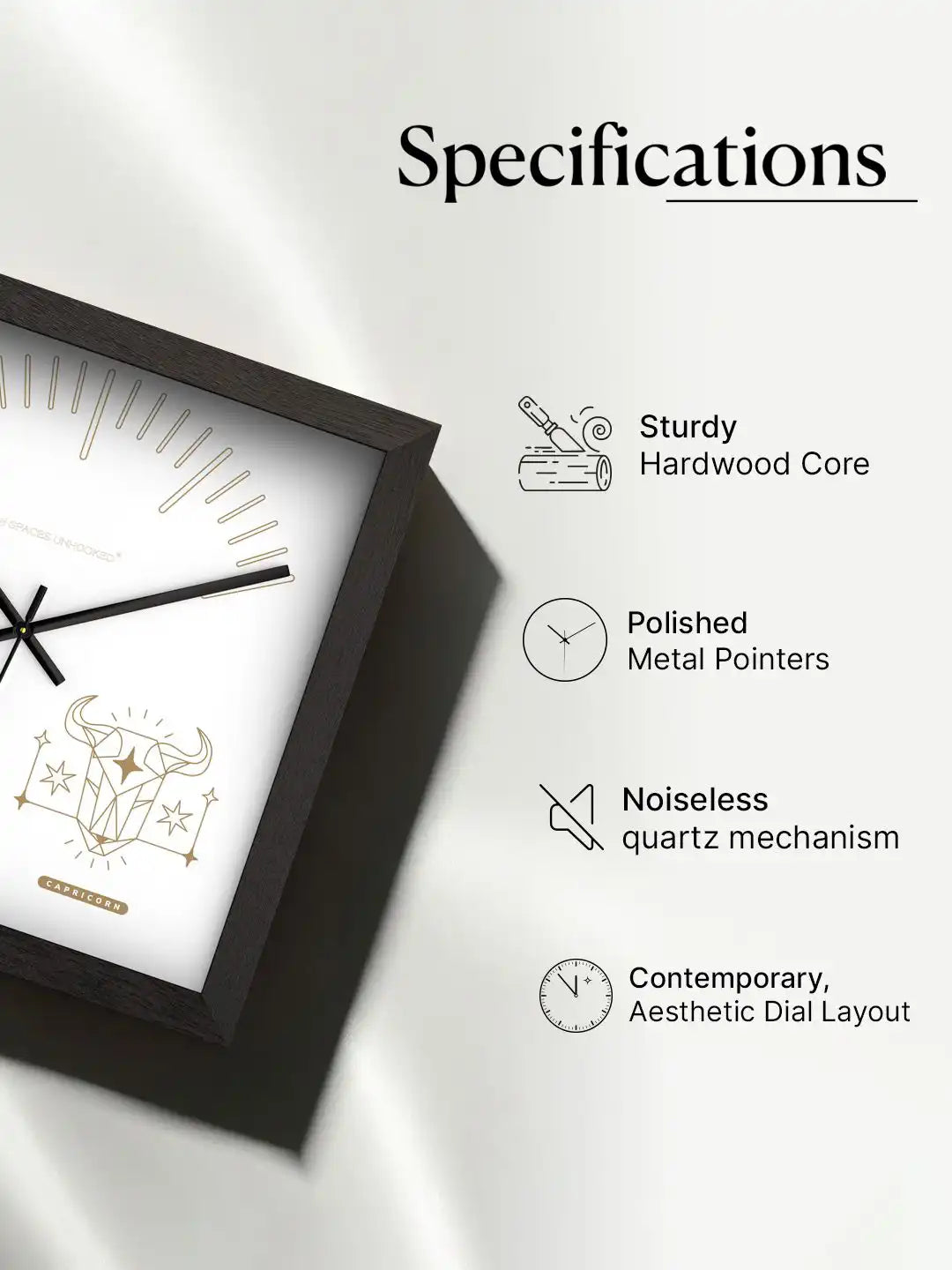 Spaces Unhooked Capricorn Zodiac Wooden Wall Clock Specifications - Hardwood Core Noiseless Quartz Mechanism Polished Metal Pointers