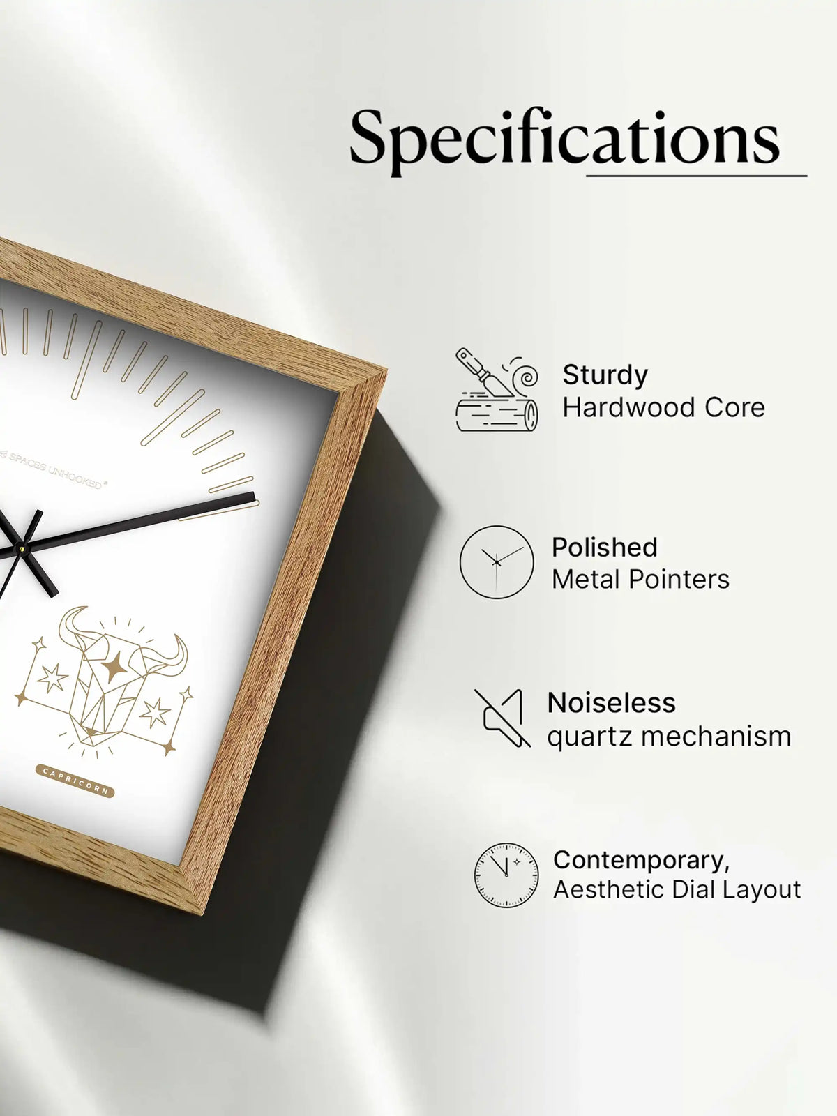 Capricorn Zodiac Wooden Wall Clock With Gift Box – Natural Oak Frame Gold Print White Dial | Spaces Unhooked