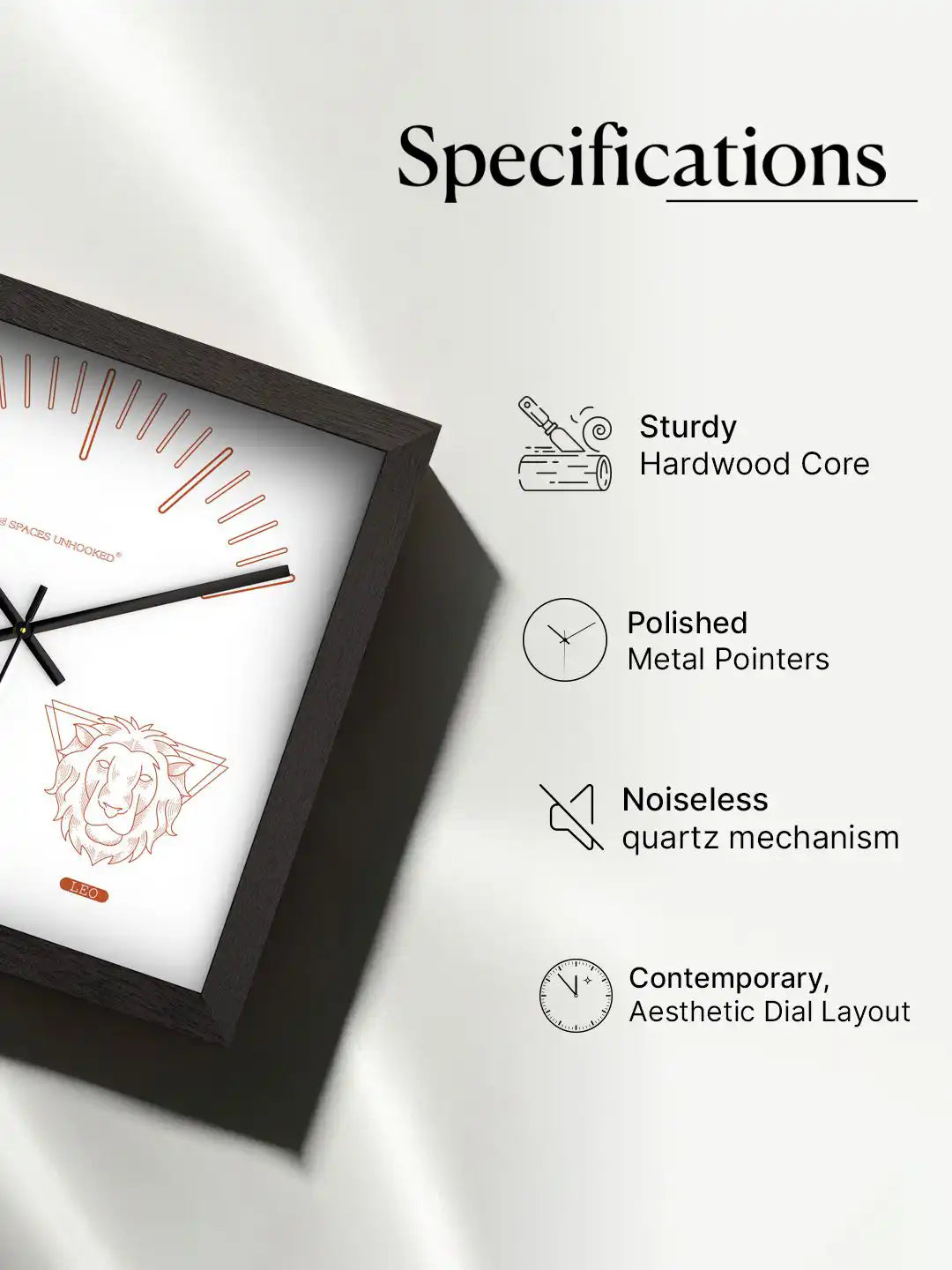 Spaces Unhooked Leo Zodiac Wooden Wall Clock Specifications - Hardwood Core Noiseless Quartz Mechanism Polished Metal Pointers