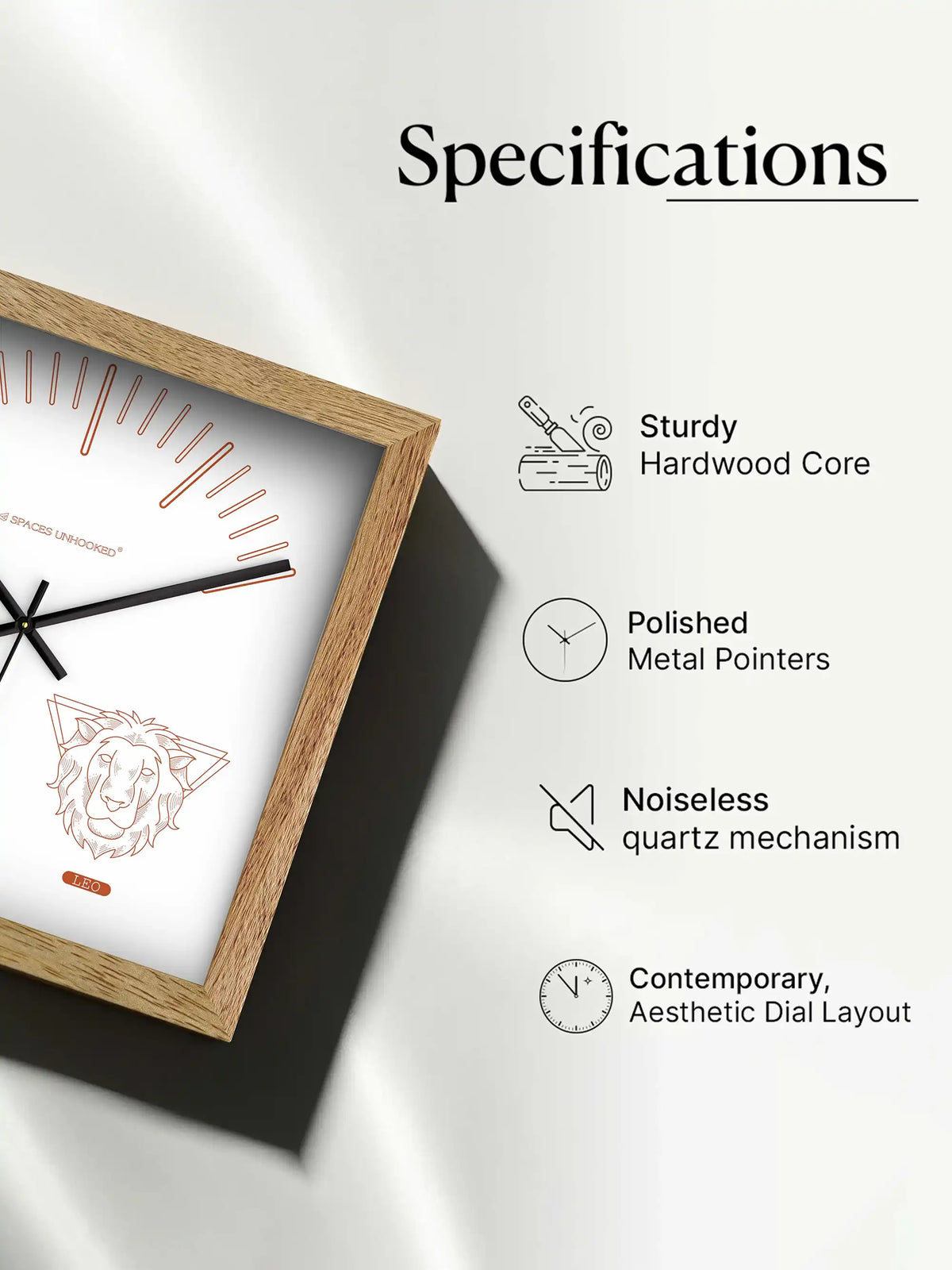 Leo Zodiac Wooden Wall Clock With Gift Box – Natural Oak Frame Copper Print White Dial | Spaces Unhooked