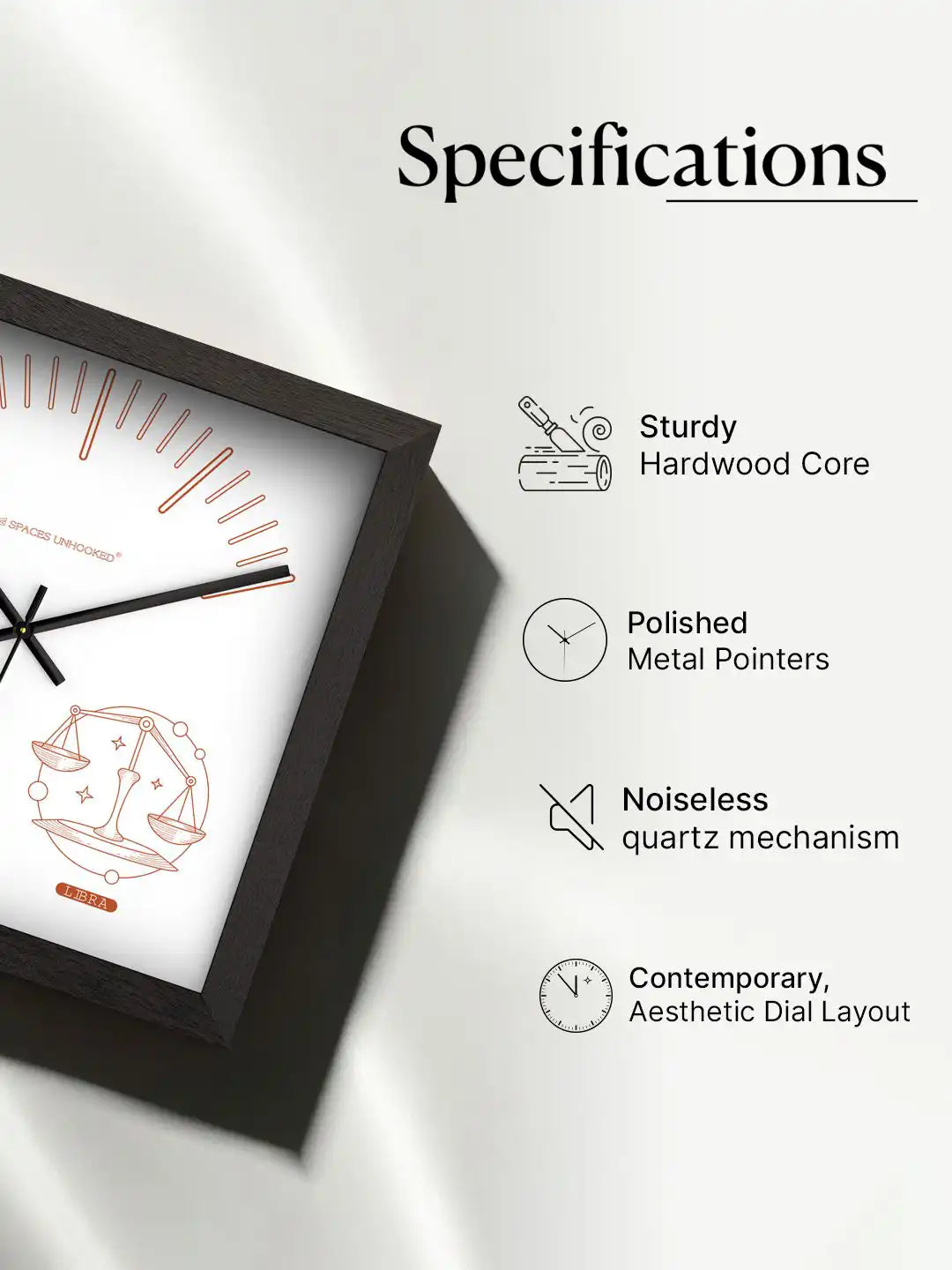 Spaces Unhooked Libra Zodiac Wooden Wall Clock Specifications - Hardwood Core Noiseless Quartz Mechanism Polished Metal Pointers