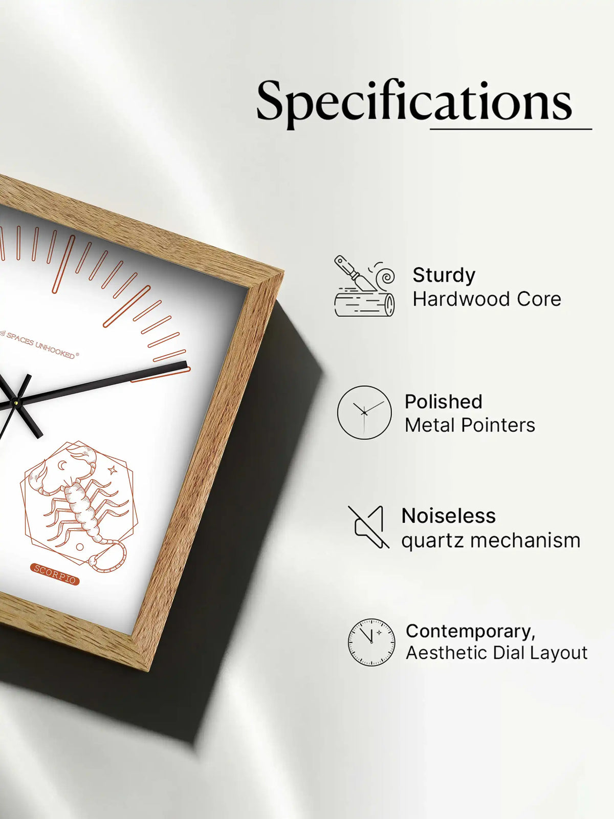 Scorpio Zodiac Wooden Wall Clock With Gift Box – Natural Oak Frame Copper Print White Dial | Spaces Unhooked