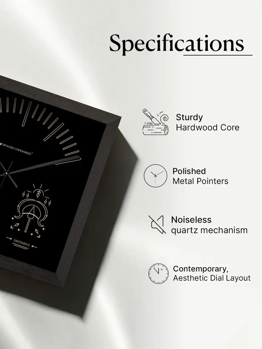 Sagittarius Zodiac Wooden Wall Clock With Gift Box – Dark Wood Frame Gold Print Black Dial | Spaces Unhooked