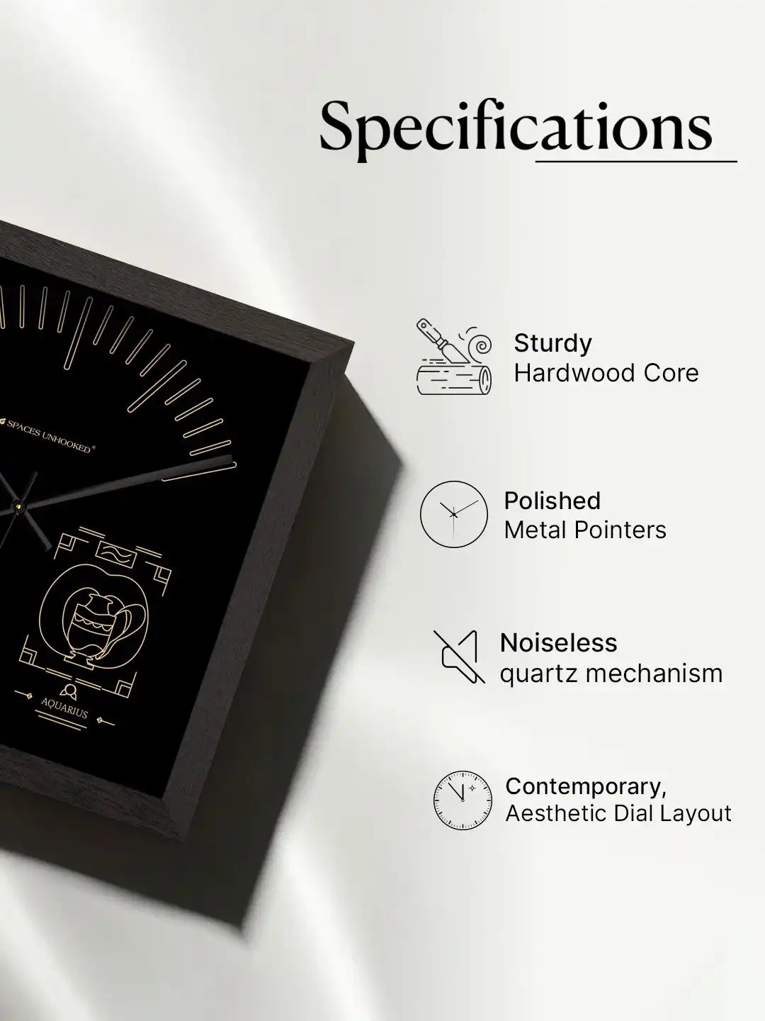 Aquarius zodiac wooden wall clock side profile on white background highlighting wood frame depth and premium wall clock construction