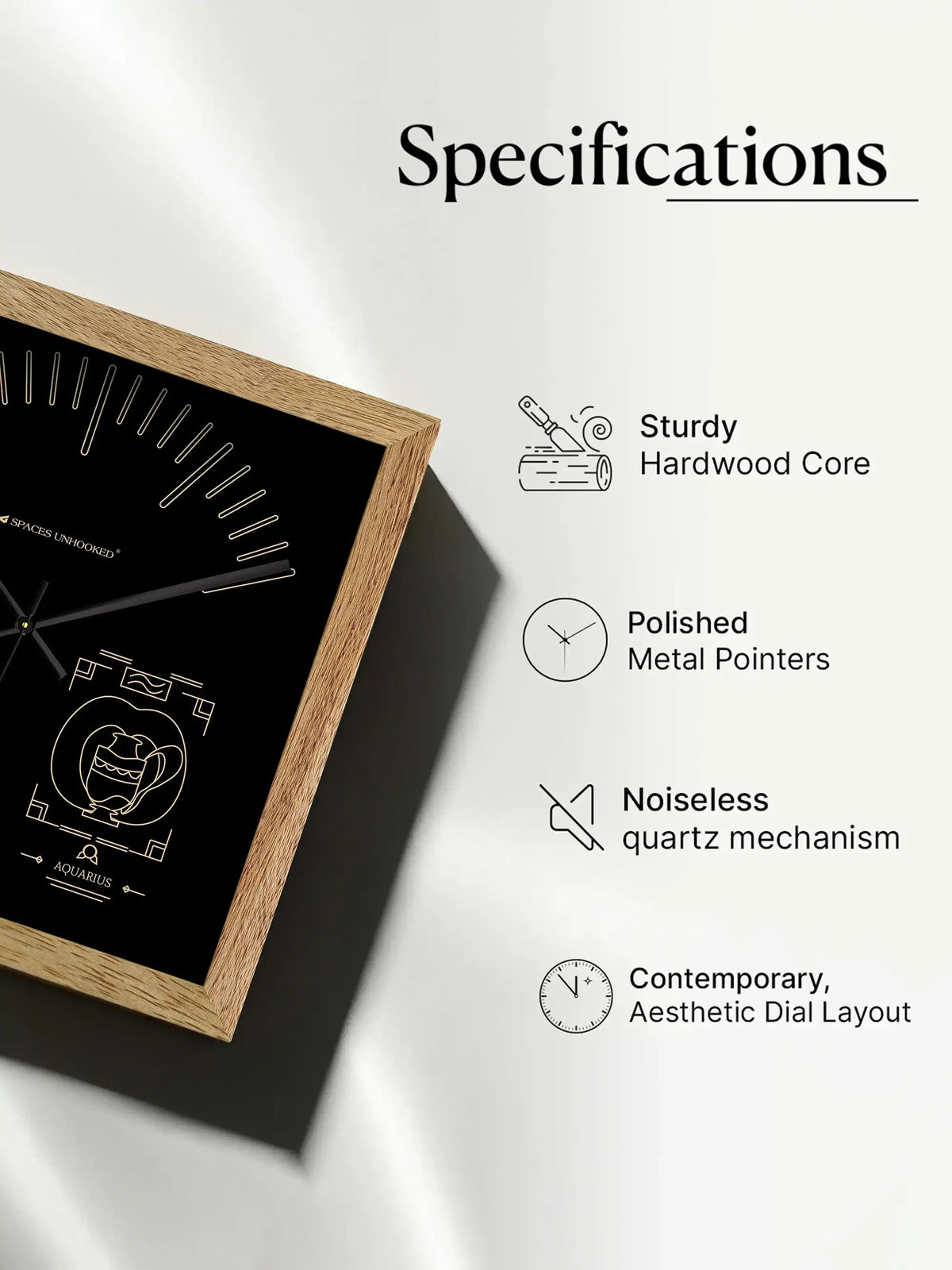 Aquarius Zodiac Wall Clock Features Hardwood Frame Silent Quartz Movement and Polished Metal Hands