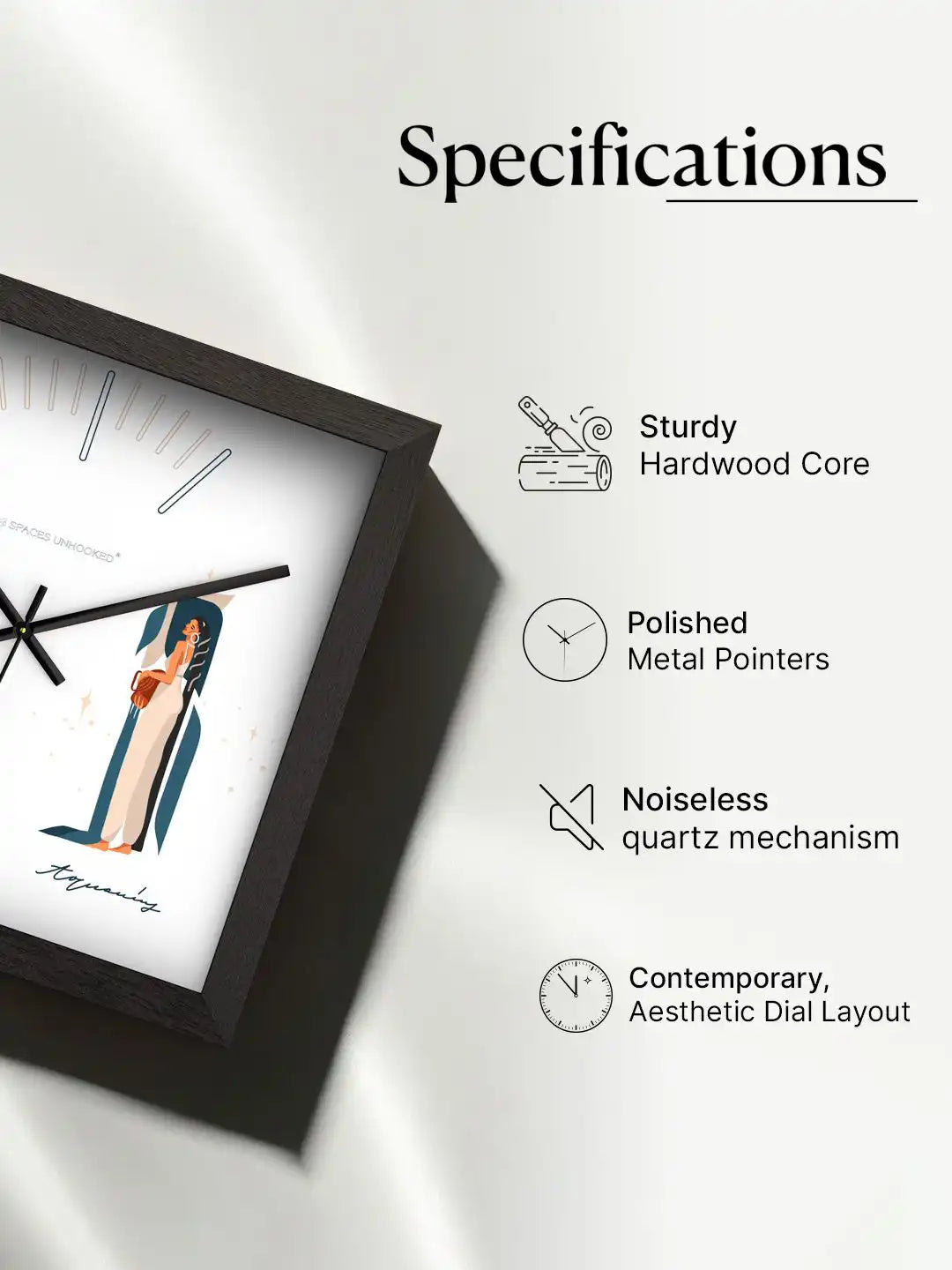Modern Aquarius wall clock with black frame displayed at an angle, featuring silent quartz movement and artistic zodiac-inspired design.