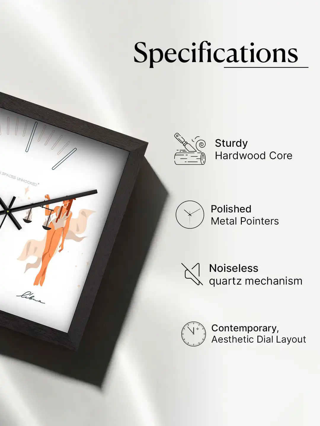 Spaces Unhooked Libra Zodiac Illustrated Wooden Wall Clock Specifications - Hardwood Core Noiseless Quartz Mechanism Polished Metal Pointers