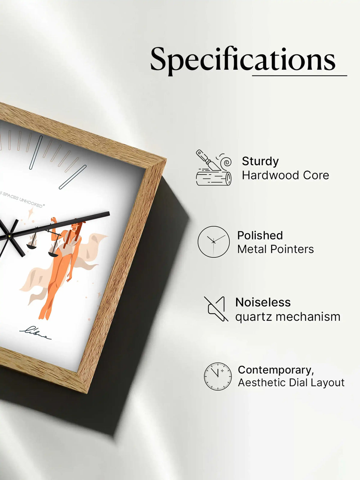 Libra Zodiac Wooden Wall Clock With Gift Box – Natural Oak Frame Illustrated White Dial | Spaces Unhooked