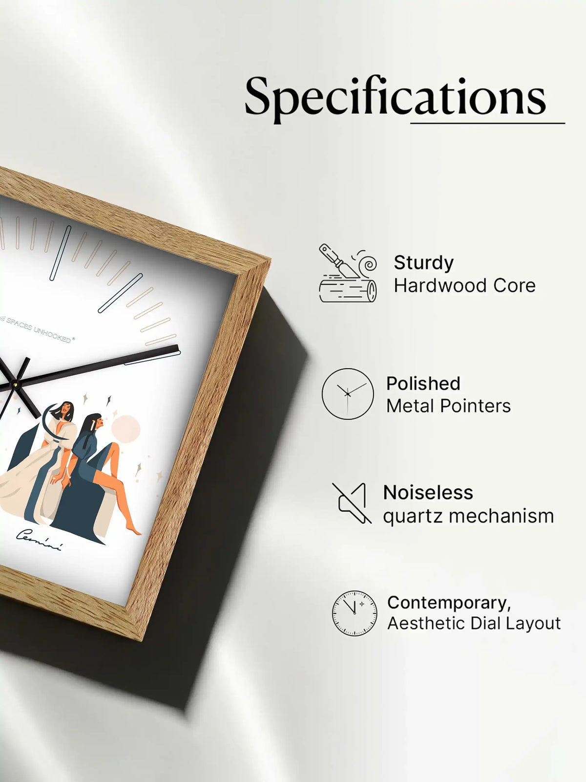 Gemini Zodiac Wall Clock Features Hardwood Frame Silent Quartz Movement and Polished Metal Hands