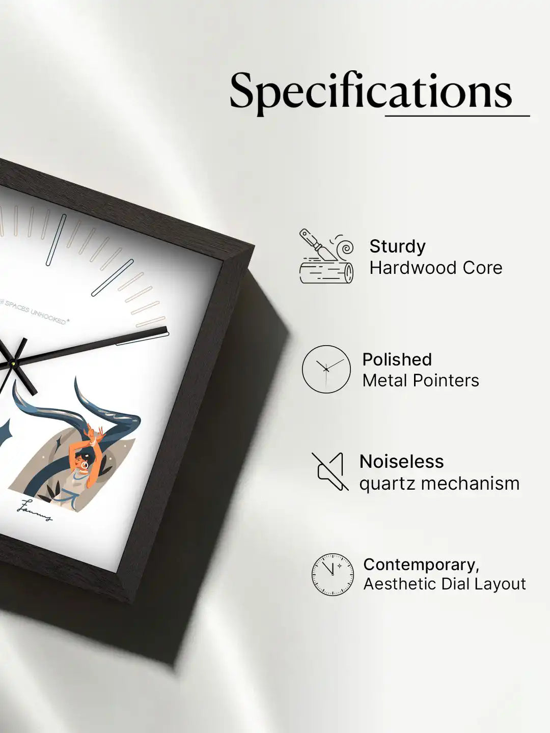 Specification graphic highlighting hardwood frame construction, polished metal hands, silent quartz movement, and contemporary dial design.