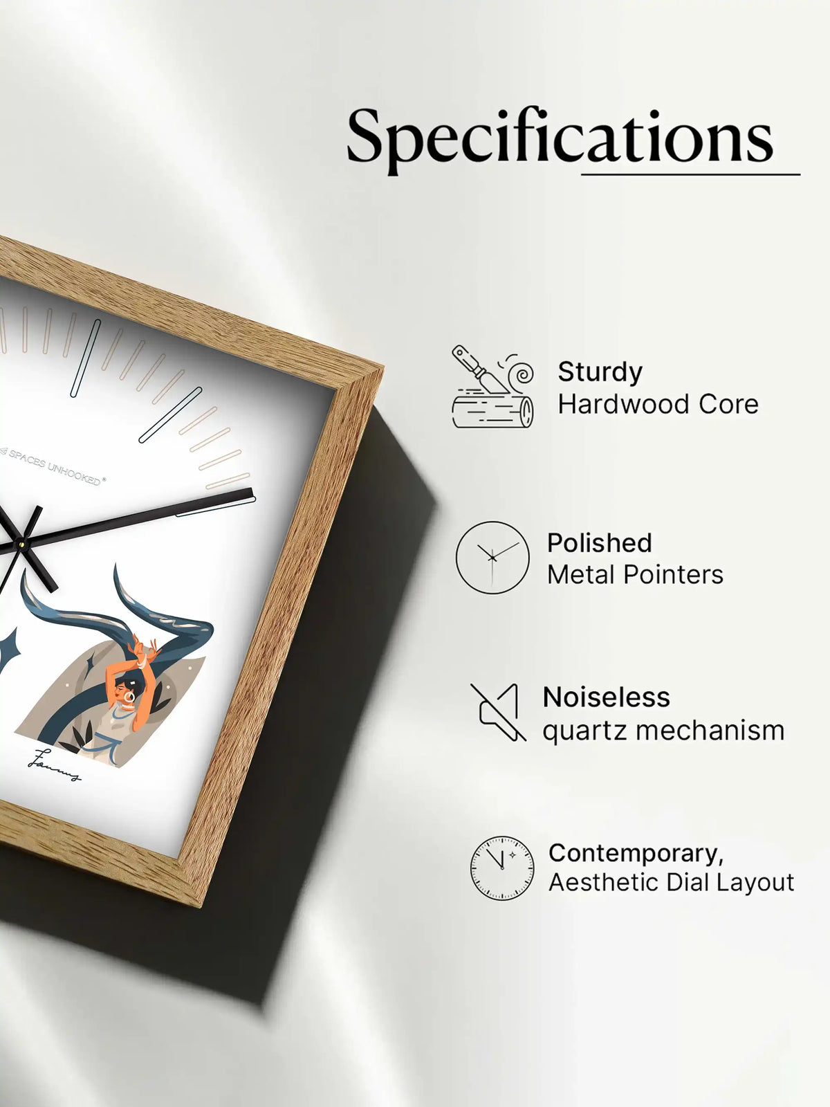 Taurus Zodiac Wooden Wall Clock With Gift Box – Natural Oak Frame Tarot Style White Dial | Spaces Unhooked