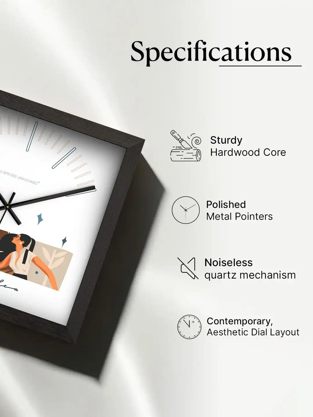 Side perspective of Leo zodiac wall clock featuring a sturdy black wooden frame, modern aesthetic dial, and decorative zodiac illustration.