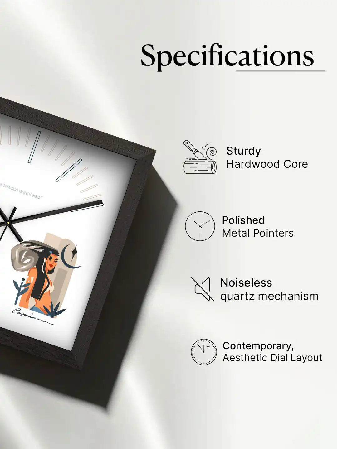 Capricorn zodiac wall clock specifications featuring sturdy hardwood core, polished metal hands, noiseless quartz mechanism and contemporary dial design