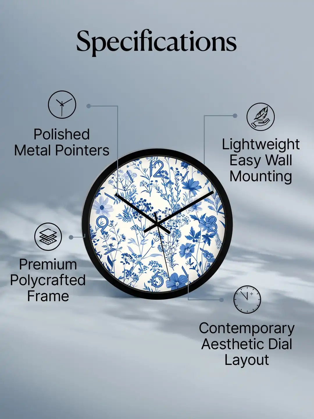 Specification – Wall clocks feature chart showing quartz mechanism and metal pointers