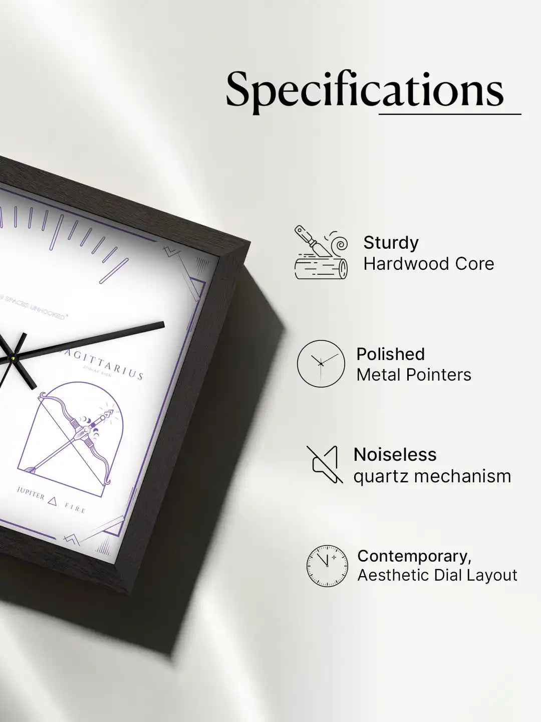 Wooden wall clock specifications showing hardwood frame, polished metal hands and noiseless quartz movement, premium wood clock features