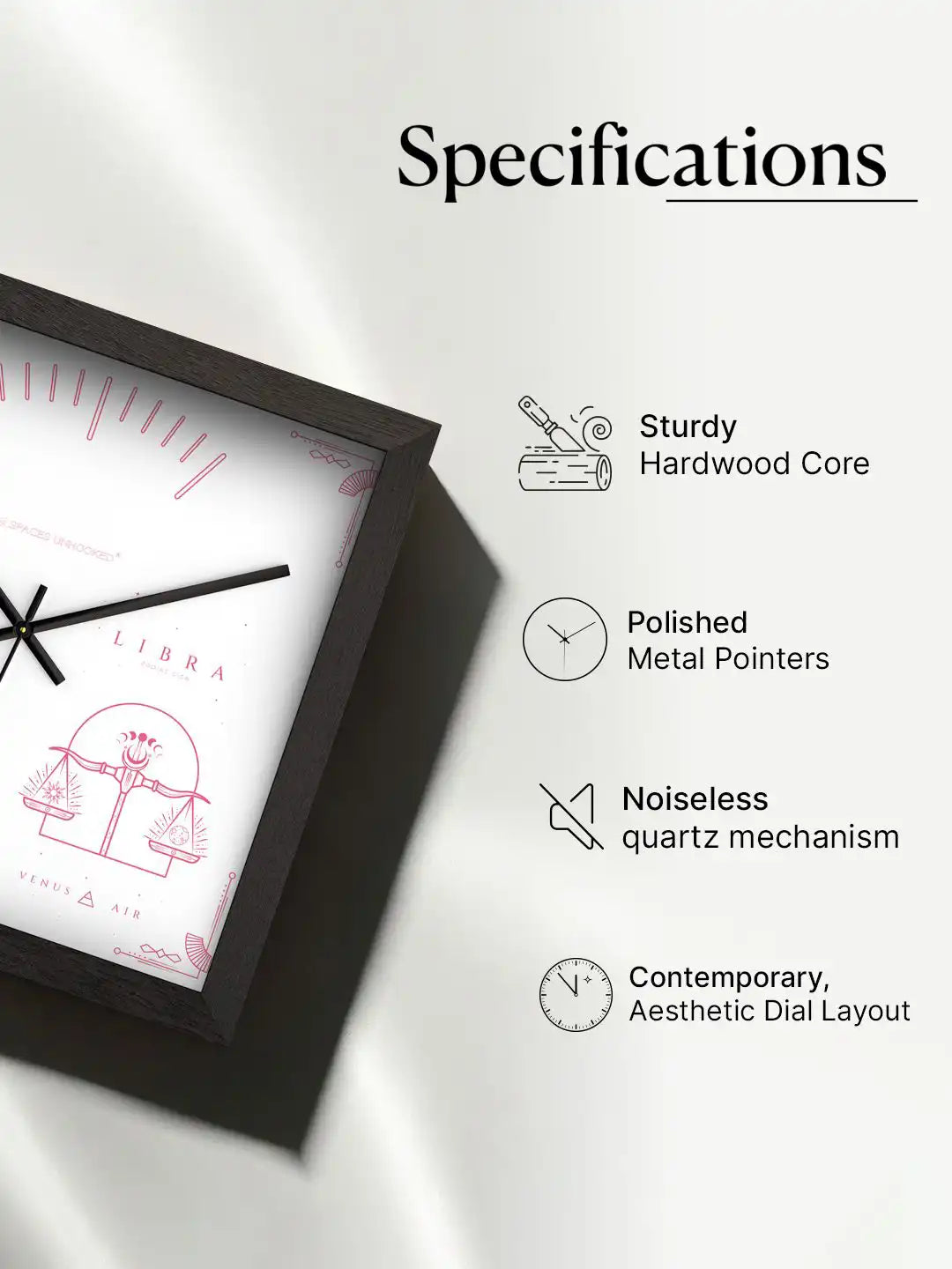 Spaces Unhooked Libra Zodiac Wooden Wall Clock Specifications - Hardwood Core Noiseless Quartz Mechanism Polished Metal Pointers
