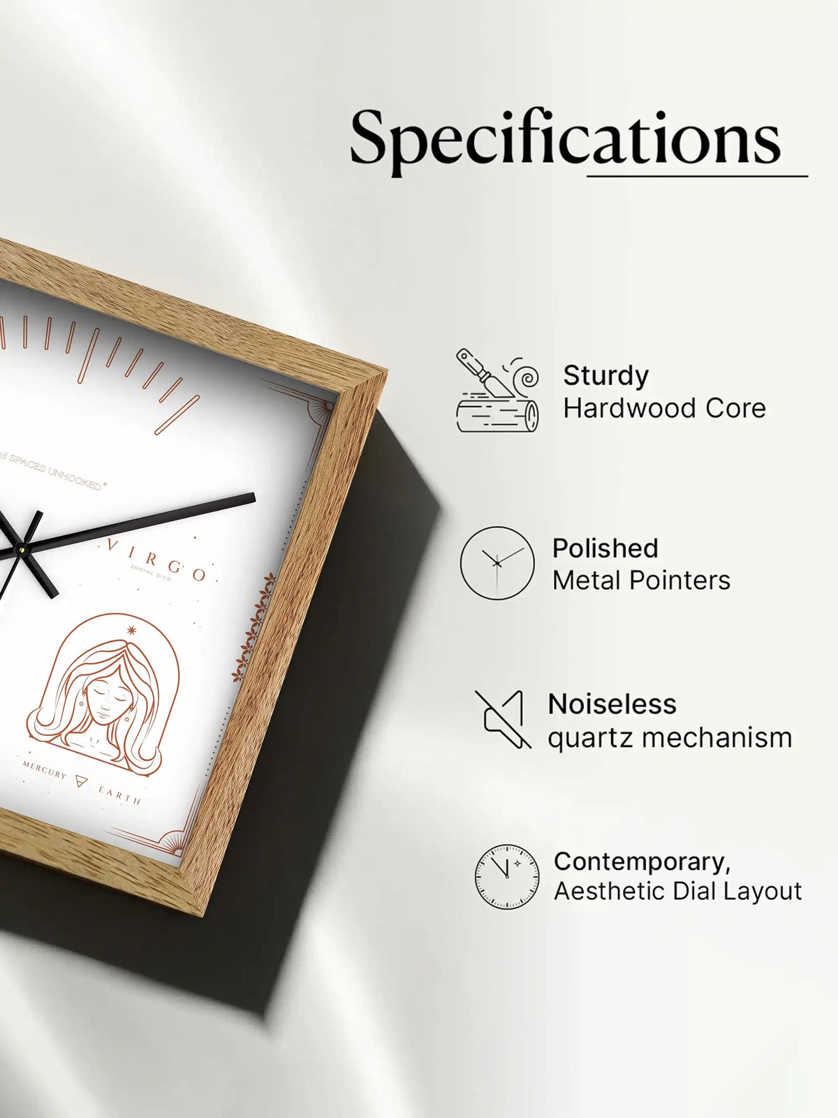 Virgo Zodiac Wooden Wall Clock With Gift Box – Natural Oak Frame Copper Mercury Earth White Dial | Spaces Unhooked