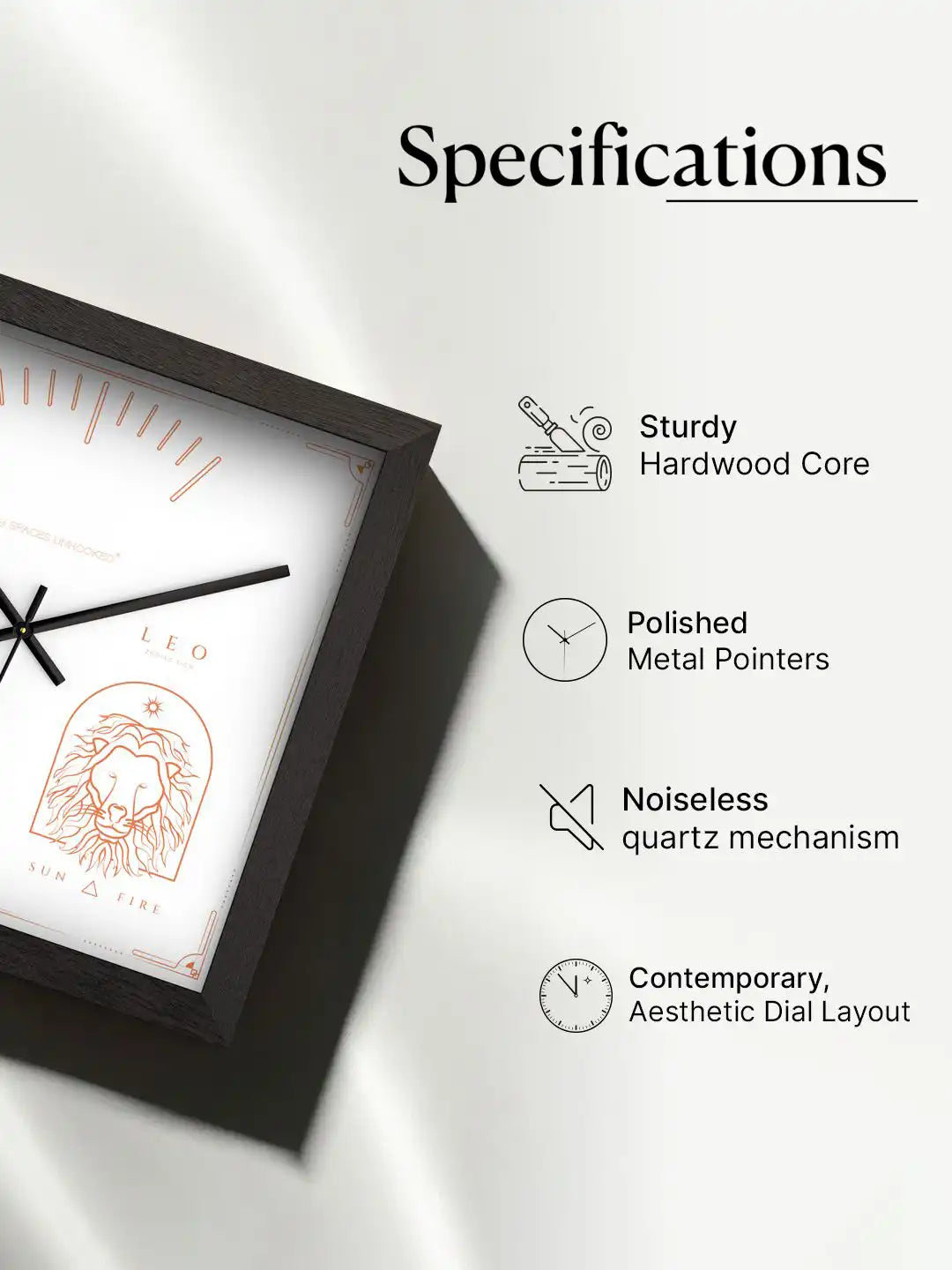 Leo wooden wall clock specifications featuring hardwood frame, polished metal hands, noiseless quartz movement and contemporary dial design