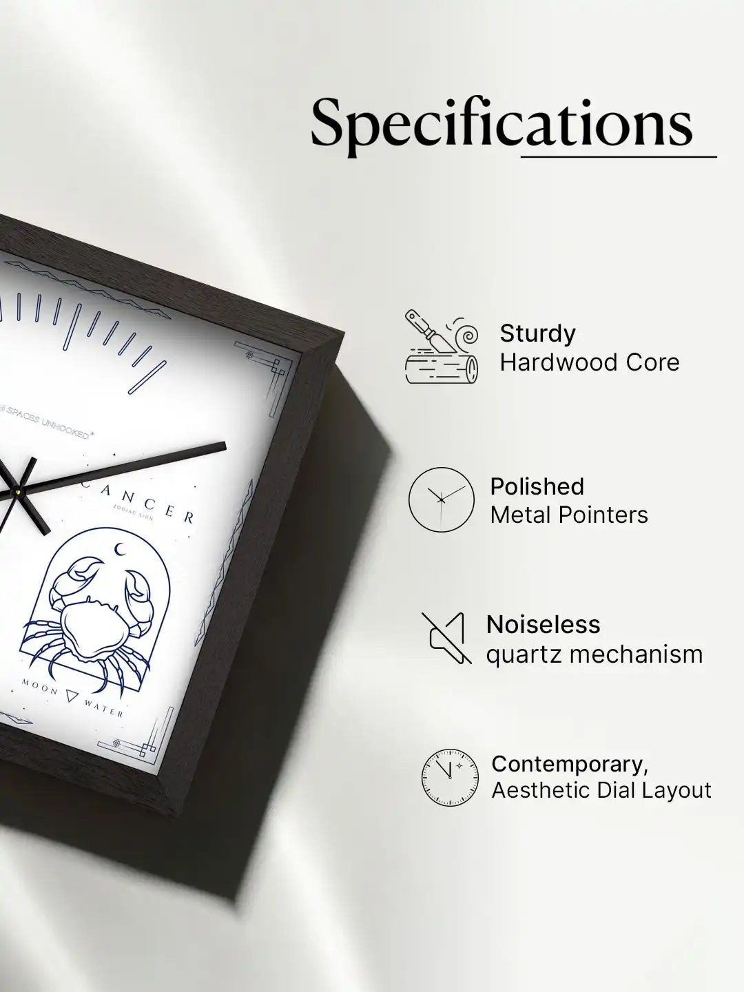 Spaces Unhooked Cancer Zodiac Wooden Wall Clock Specifications - Hardwood Core Noiseless Quartz Mechanism Polished Metal Pointers