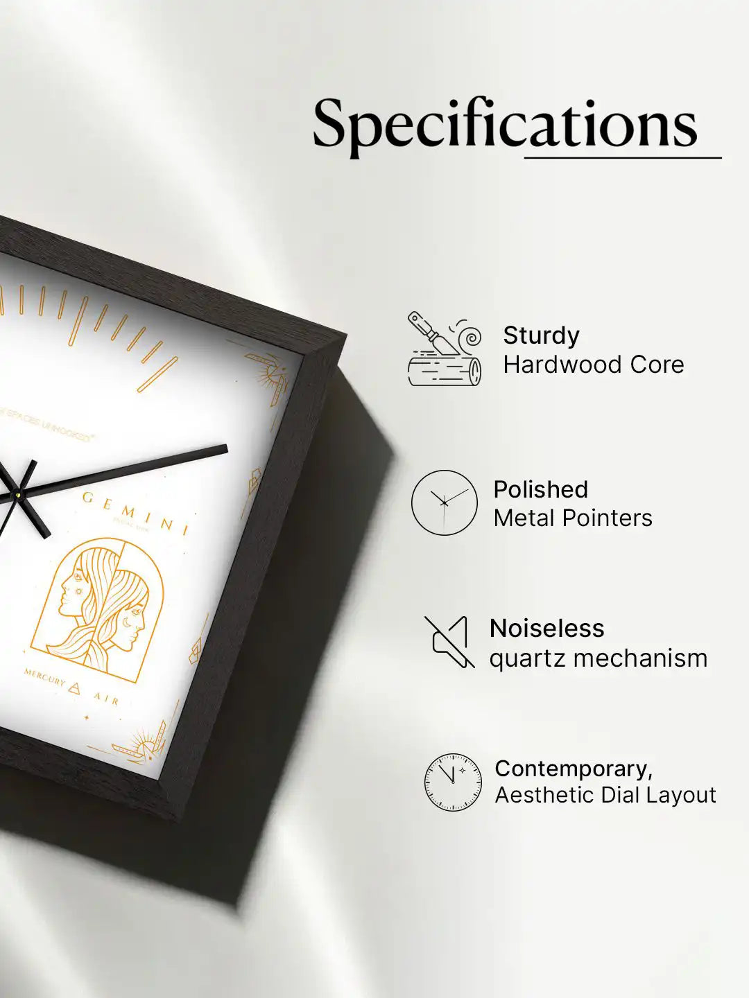 Square Dark Wood Frame Wall Clock with Gold Gemini Twin Faces Design on Wooden Console Table - Wooden Wall Clock for Living Room