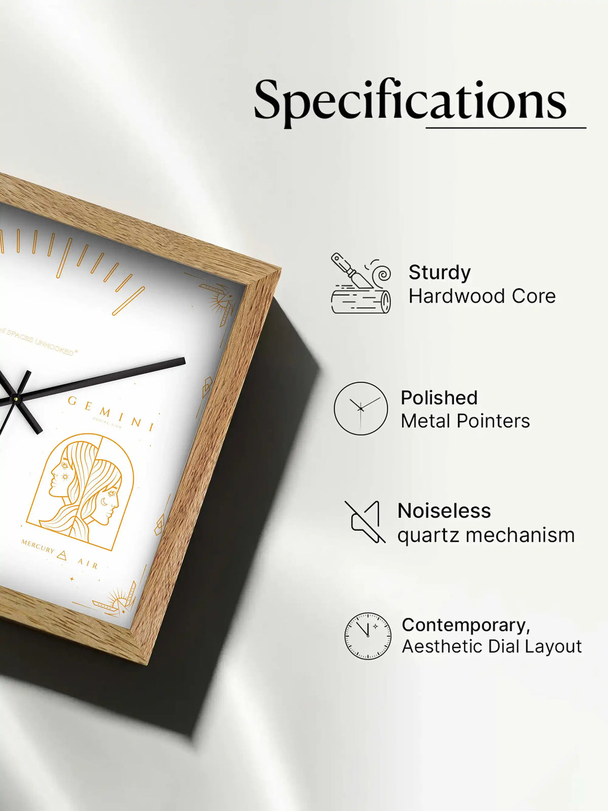 Gemini Zodiac Wooden Clock Displayed on Tabletop with Decorative Accents
