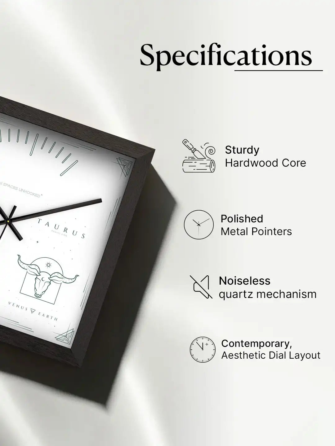 Taurus wooden wall clock specifications featuring hardwood frame, polished metal hands, noiseless quartz movement and contemporary dial design