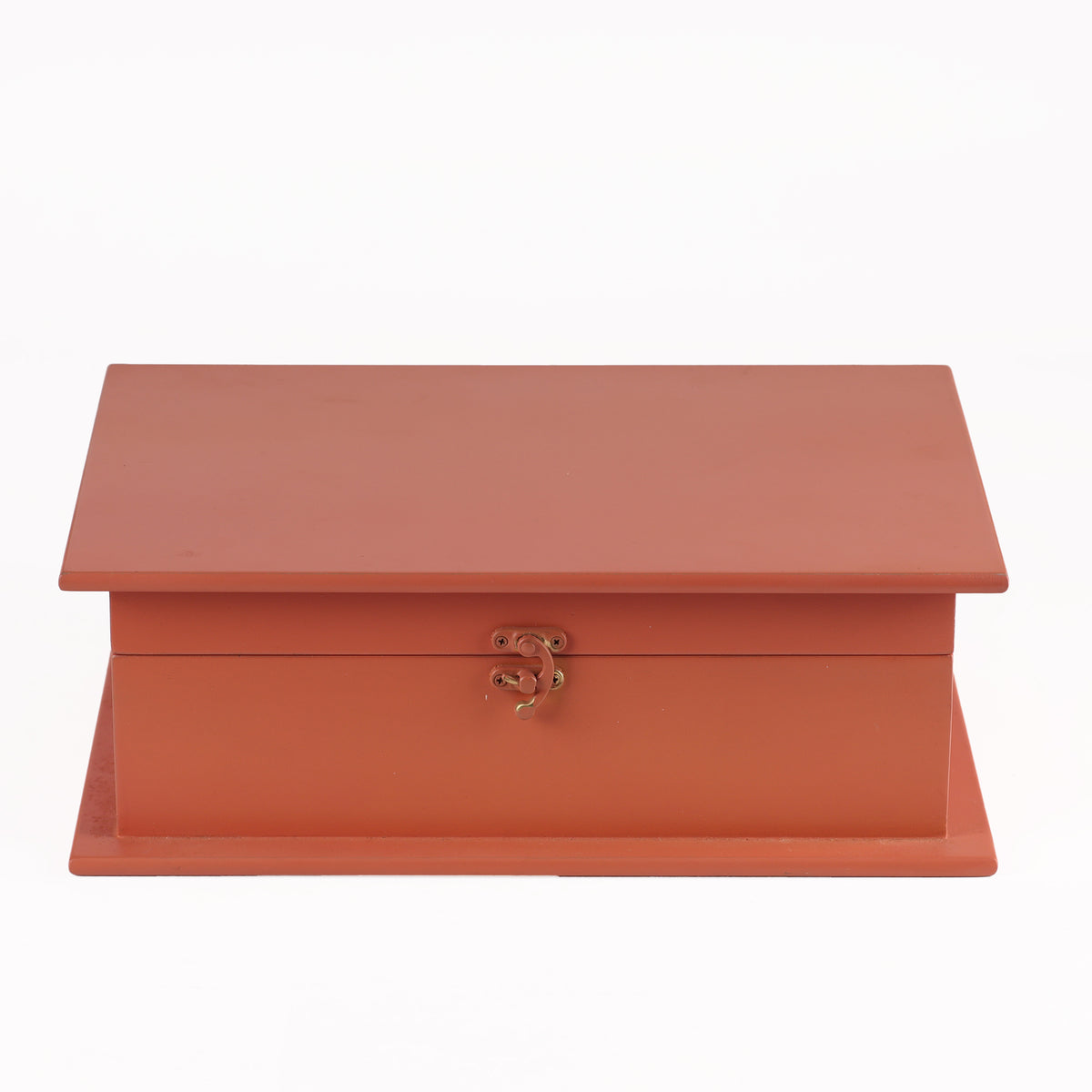 Orange leather box with a gold clasp on a white background