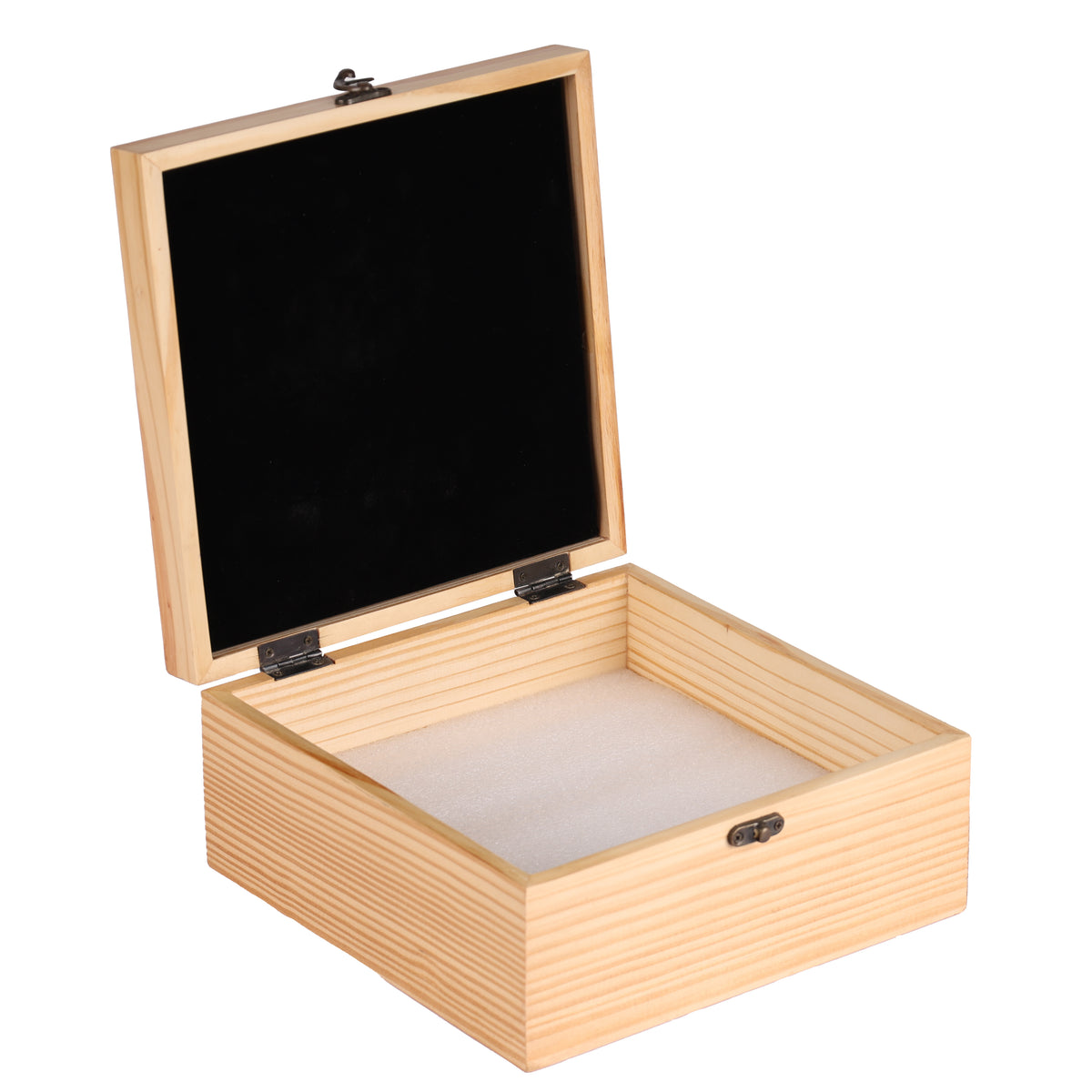 Wooden jewelry box with a black interior on a white background