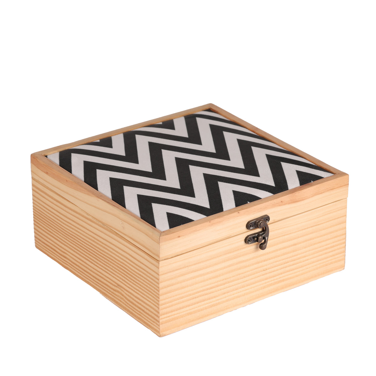 Wooden box with a black and white 