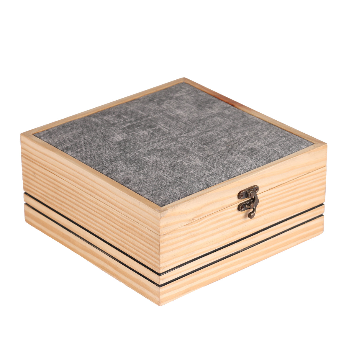 Wooden jewelry box with a gray interior 