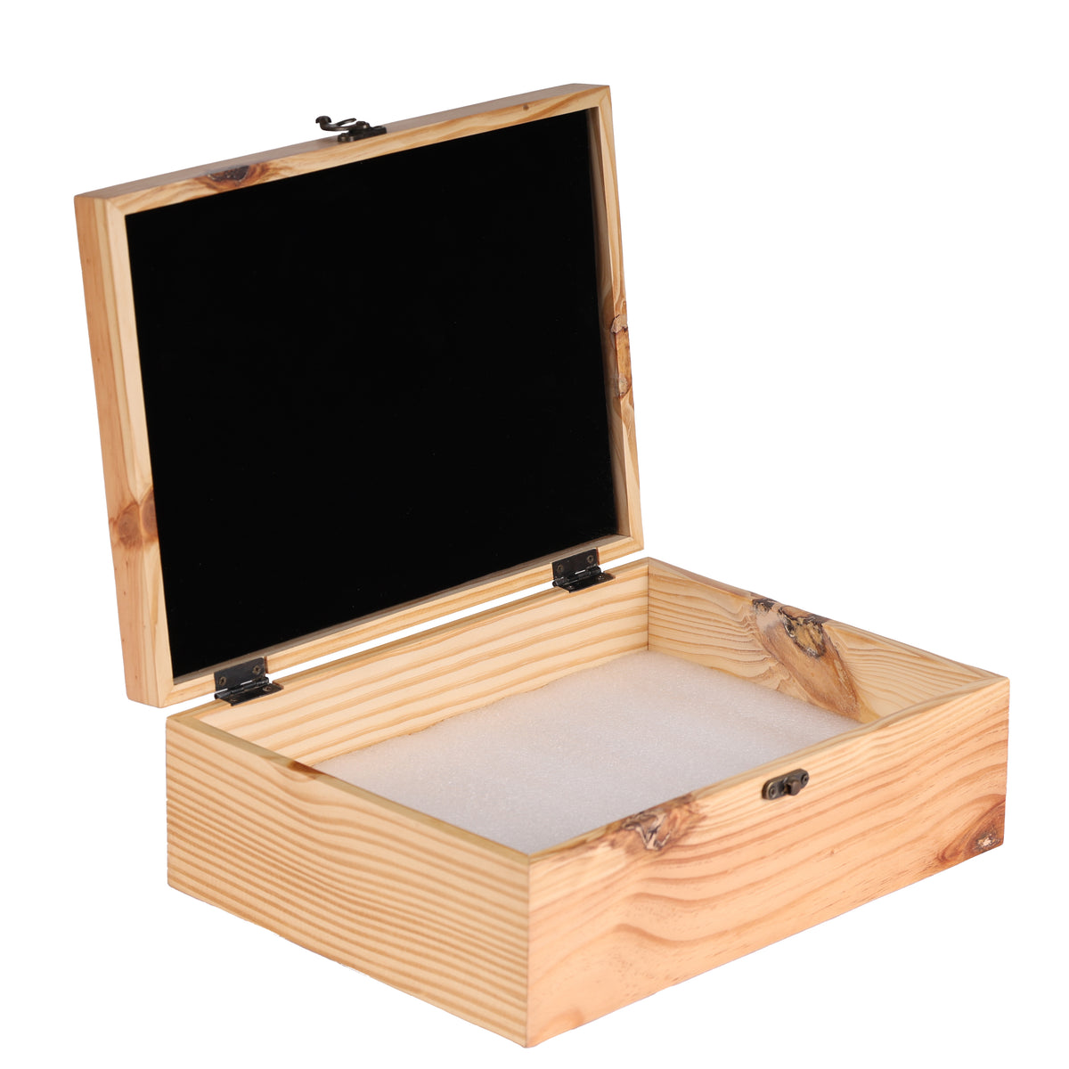 Wooden jewelry box with a black interior 