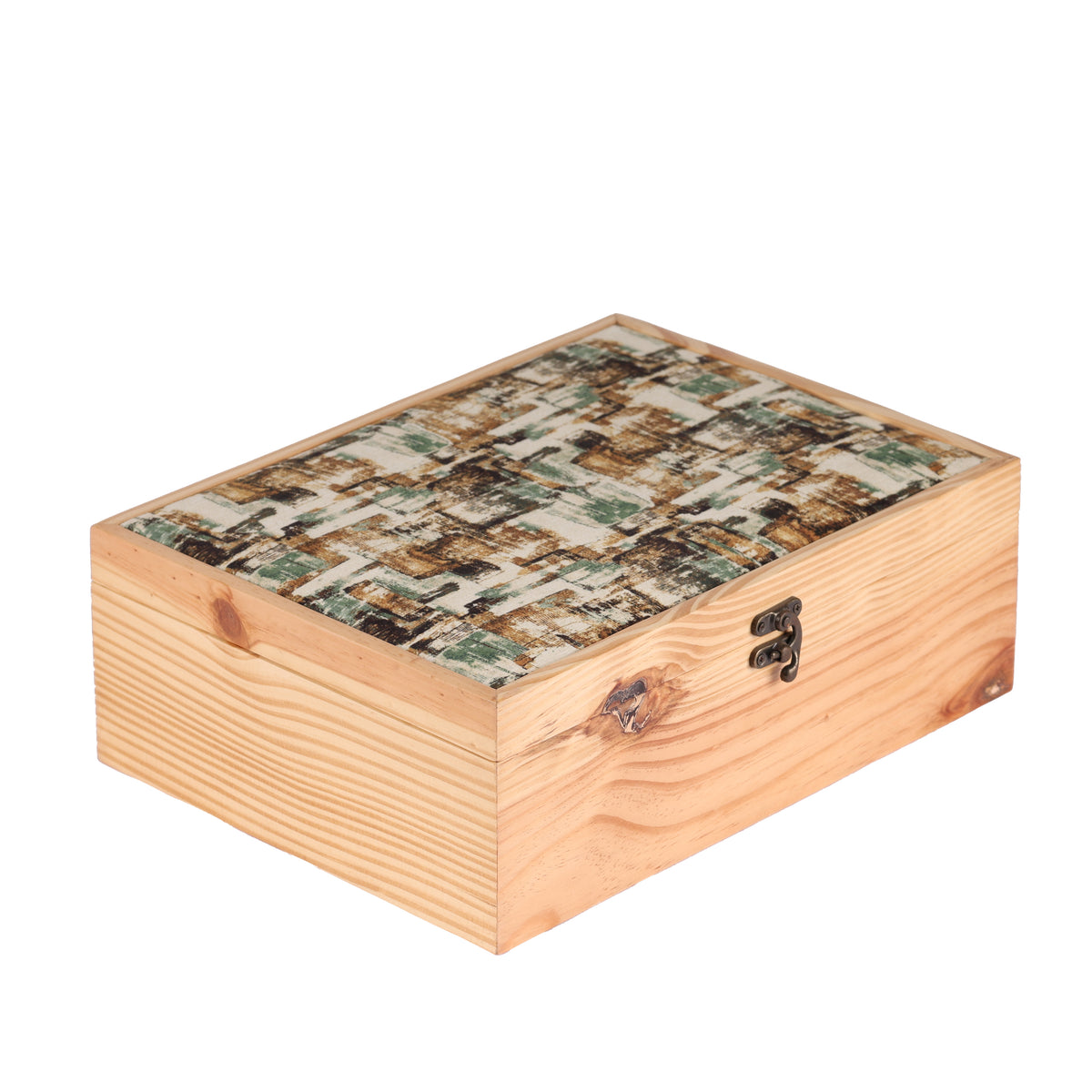 Wooden box with a patterned lid on a white background