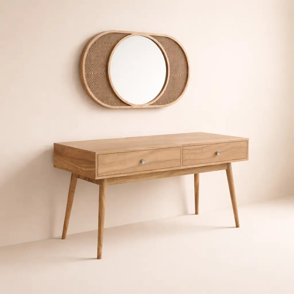 Wooden console table with two drawers and a round mirror 